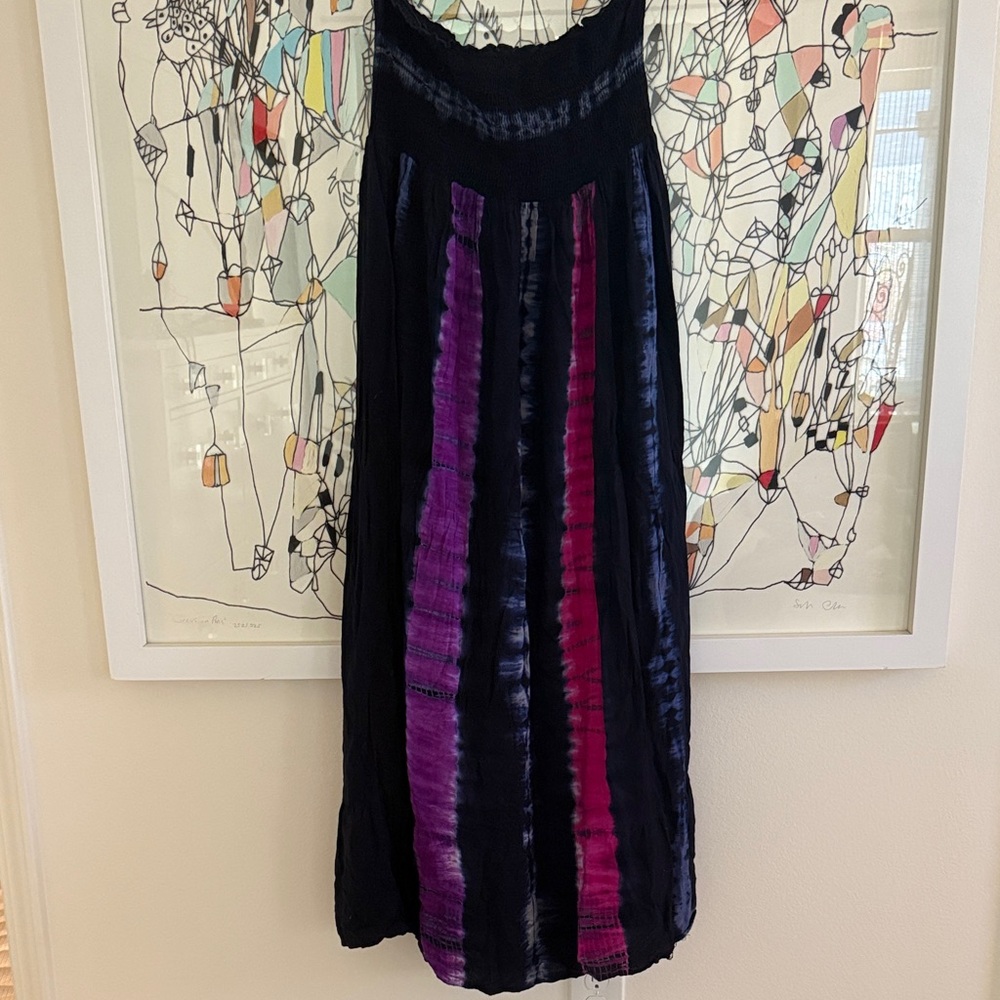 ANGIE Boho Black and Purple tie dye Women's strapless tube top dress.